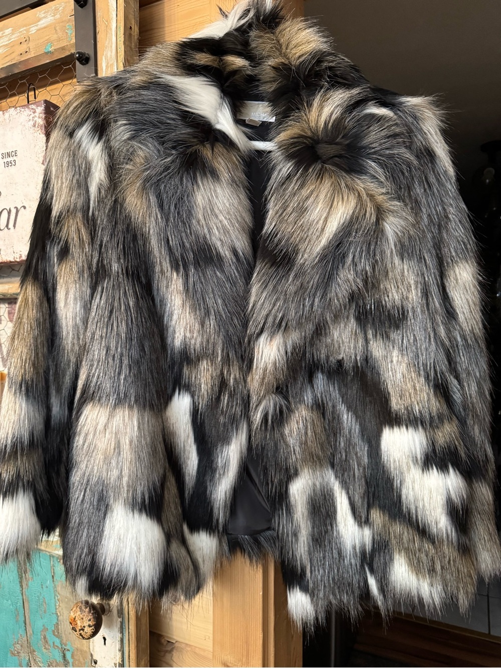 Michael Kors Faux Fur Teddy Jacket in Black, Cream & Brown